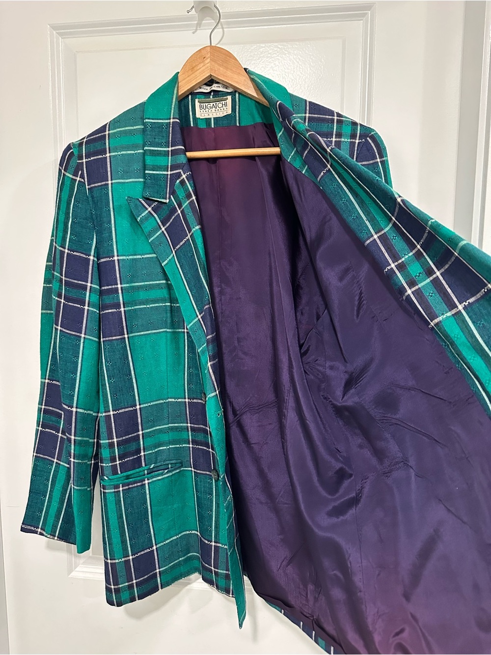 Bugatchi Linea Donna Vintage VTG Women’s Green & Navy Plaid 90s Blazer Oversized - Picture 7 of 12
